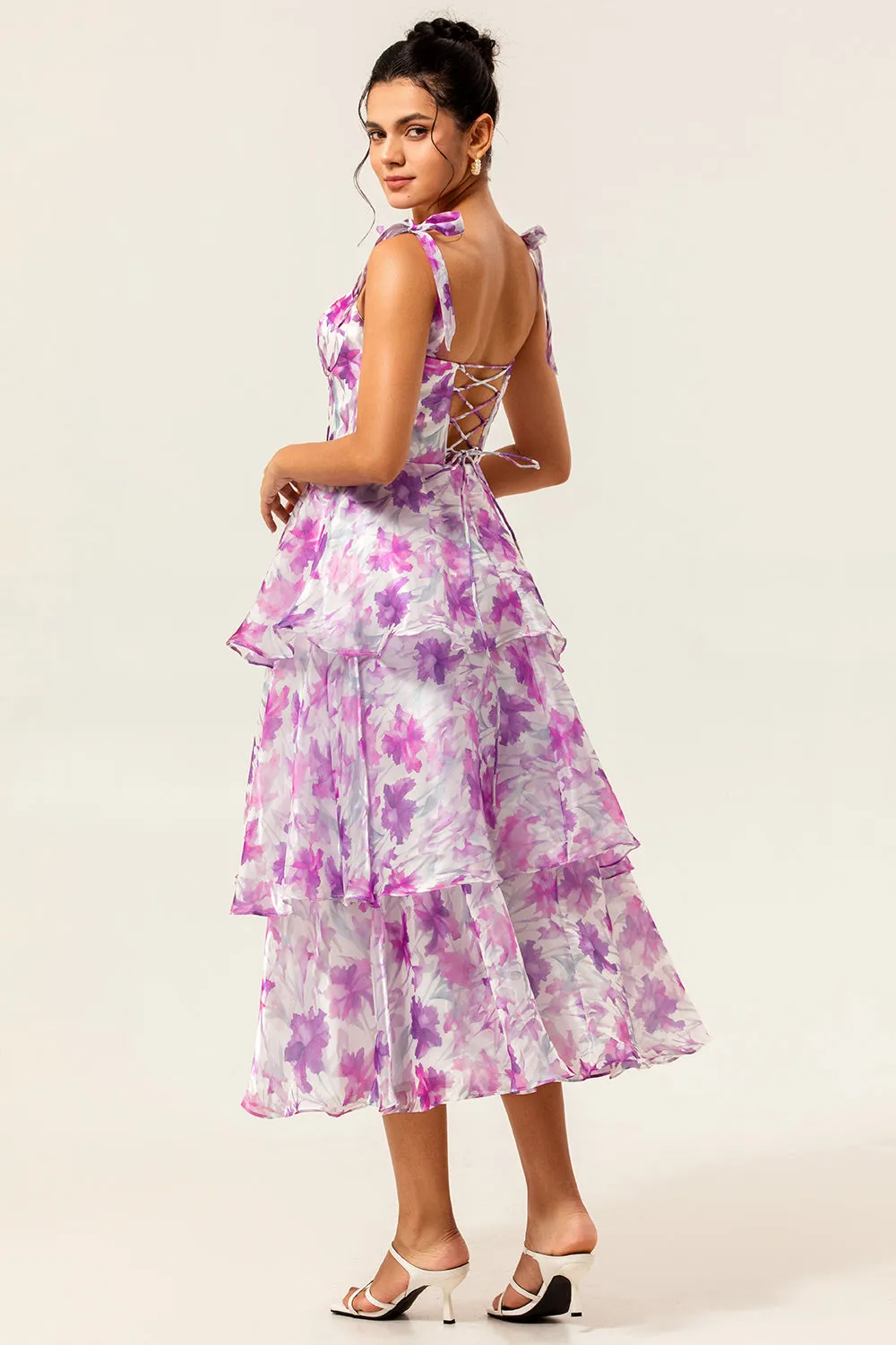 Purple Flower A-Line Lace Up Back Tiered Print Midi Dress with Straps Bows sold by Wedtrend product image thumbnail 2