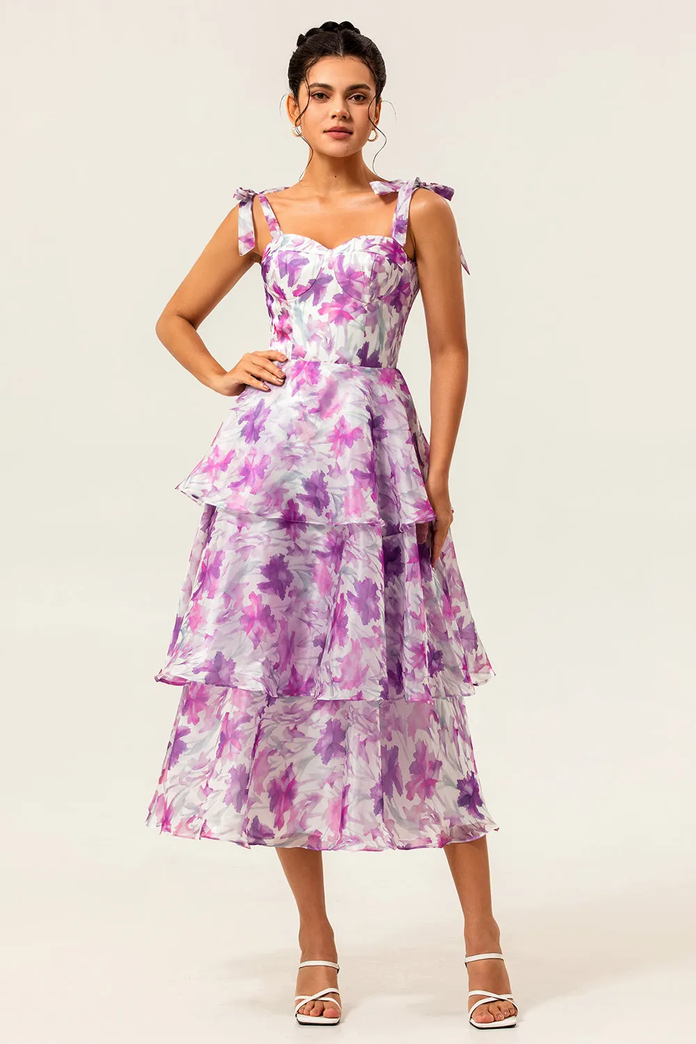 Purple Flower A-Line Lace Up Back Tiered Print Midi Dress with Straps Bows sold by Wedtrend