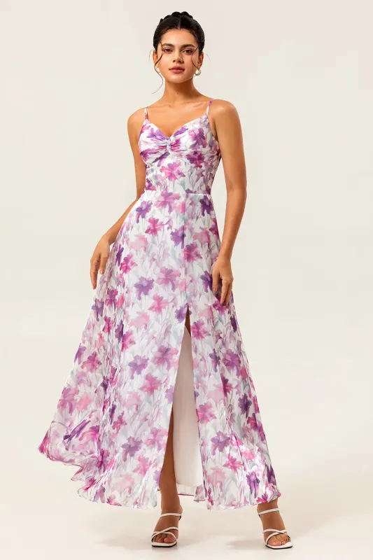Purple Flower A-Line Spaghetti Straps Front Knot Print Maxi Bridesmaid Dress with Slit sold by Wedtrend