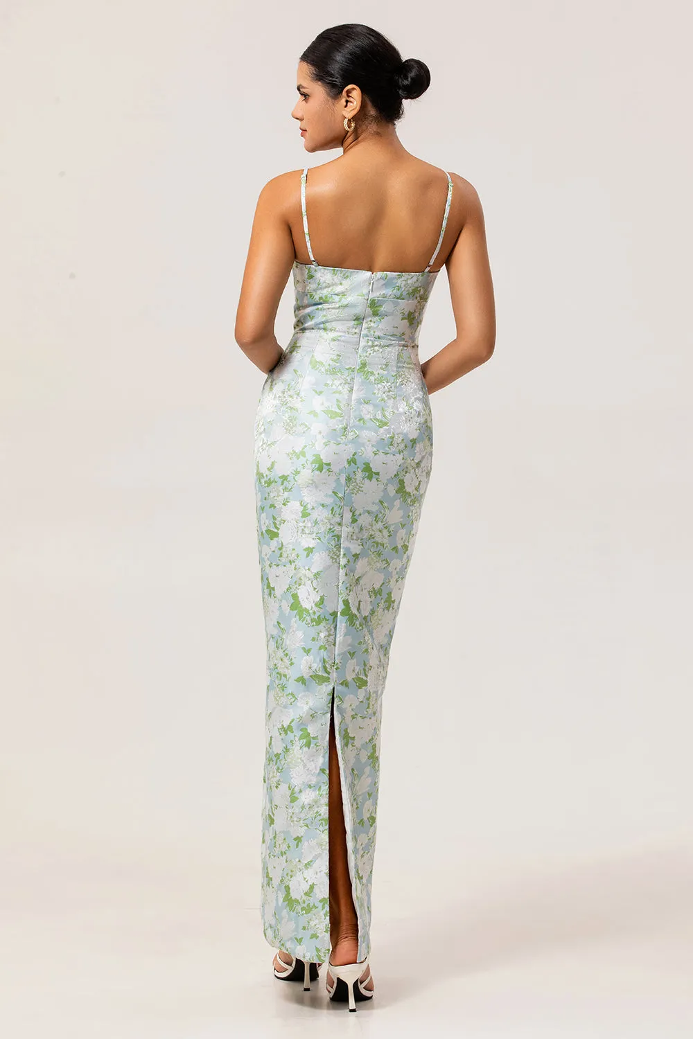 White Flower Sheath Spaghetti Straps Print Long Bridesmaid Dress with Back Slit sold by Wedtrend product image thumbnail 2
