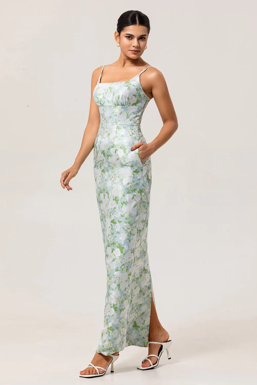 White Flower Sheath Spaghetti Straps Print Long Bridesmaid Dress with Back Slit sold by Wedtrend product image thumbnail 5