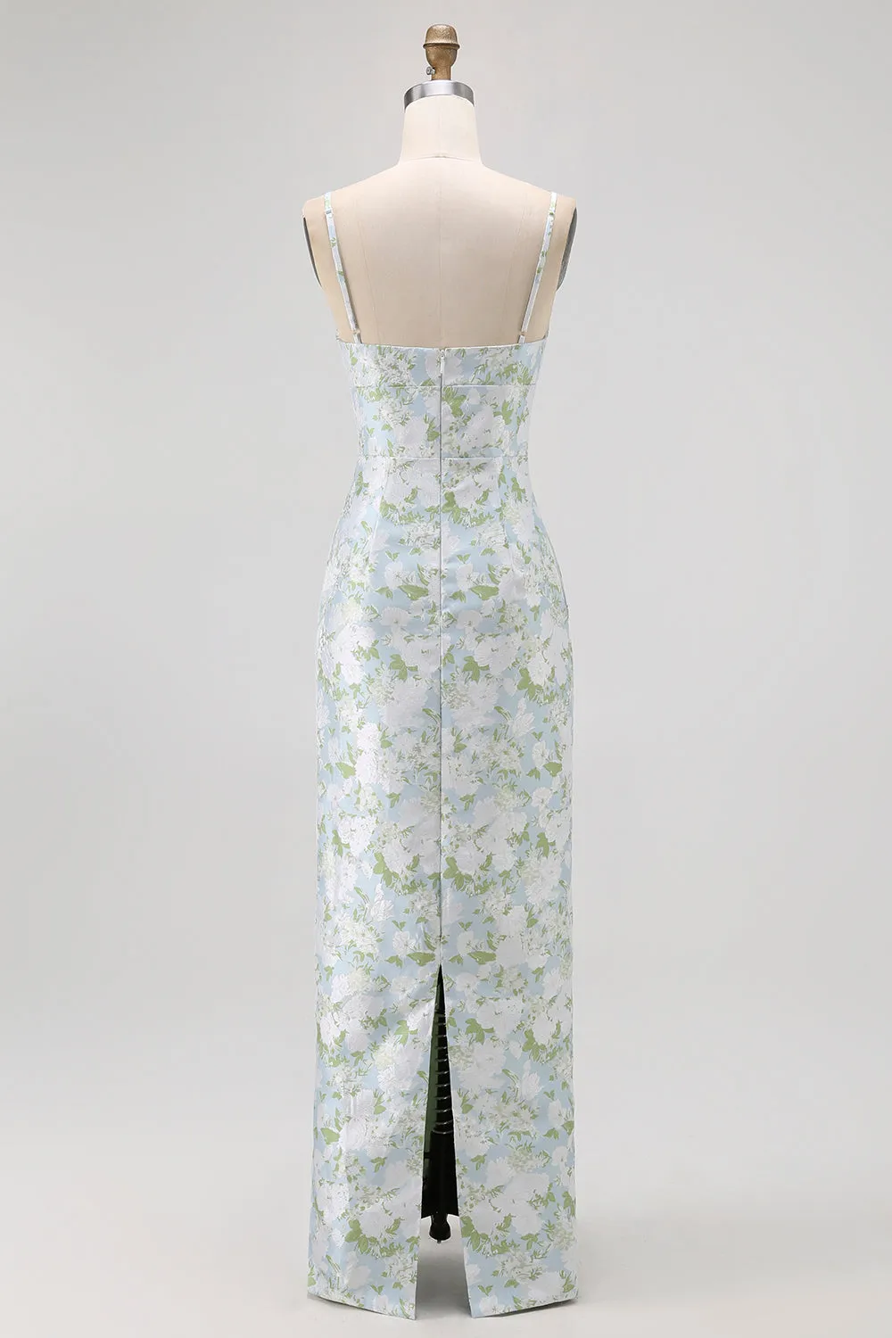 White Flower Sheath Spaghetti Straps Print Long Bridesmaid Dress with Back Slit sold by Wedtrend product image thumbnail 4