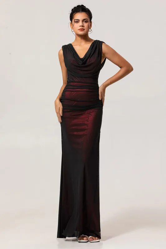 Black Red Sheath Cowl Neck Tulle Open Back Maxi Dress with Slit made by Wedtrend