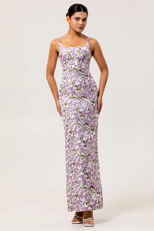 Purple Flower Sheath Spaghetti Straps Chiffon Print Long Bridesmaid Dress with Back Slit made by Wedtrend