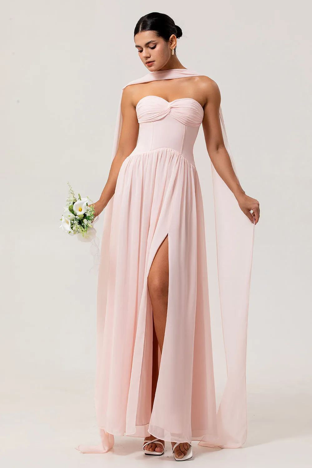 Blush A-Line Strapless Ruched Corset Chiffon Convertible Long Bridesmaid Dress with Slit sold by Wedtrend