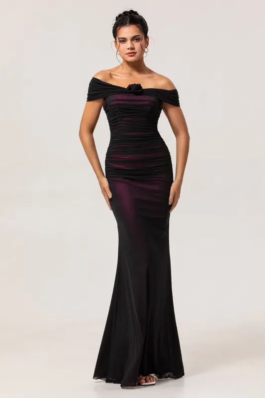 Black Pink Mermaid Off The Shoulder Ruched Tulle Long Bridesmaid Dress with Rosette made by Wedtrend