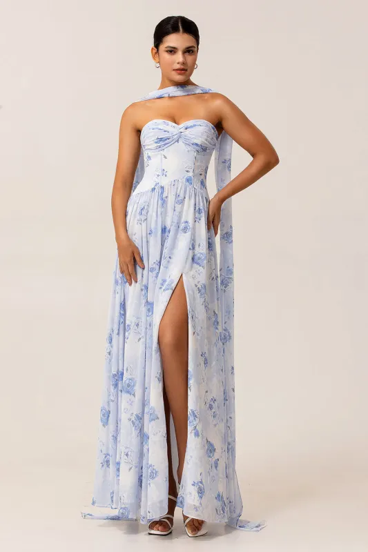 Blue Flower A-Line Strapless Chiffon Print Convertible Long Bridesmaid Dress with Slit sold by Wedtrend