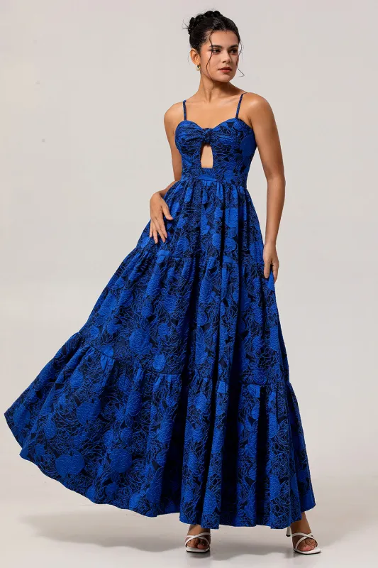 Dark Blue A Line Cut-Out Rose Floral Jacquard Dress with Pockets made by Wedtrend