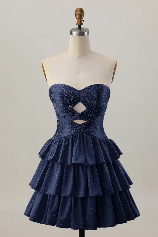 Navy A Line Strapless Tiered Cut Out Short Homecoming Dress with Beading made by Wedtrend