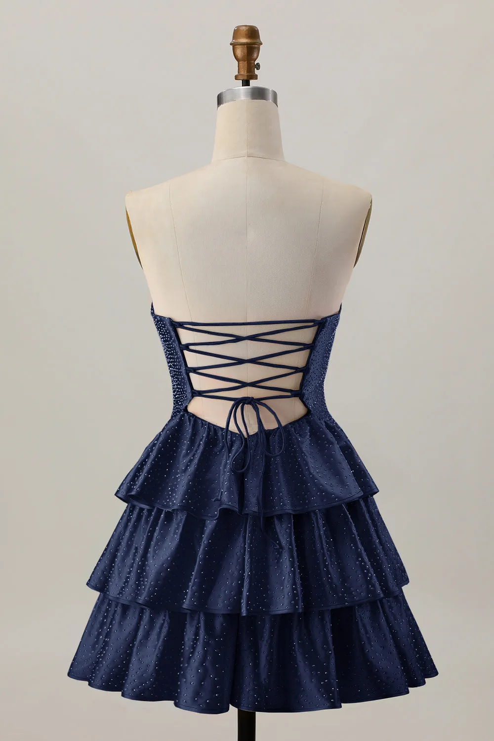 Navy A Line Strapless Tiered Cut Out Short Homecoming Dress with Beading sold by Wedtrend product image thumbnail 2