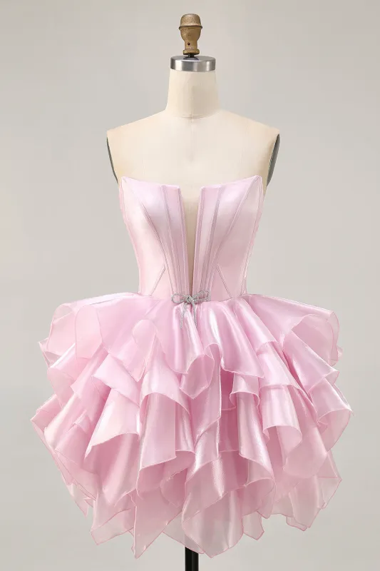 Pink A Line Strapless Corset Tiered Short Homecoming Dress with Lace Up Back made by Wedtrend