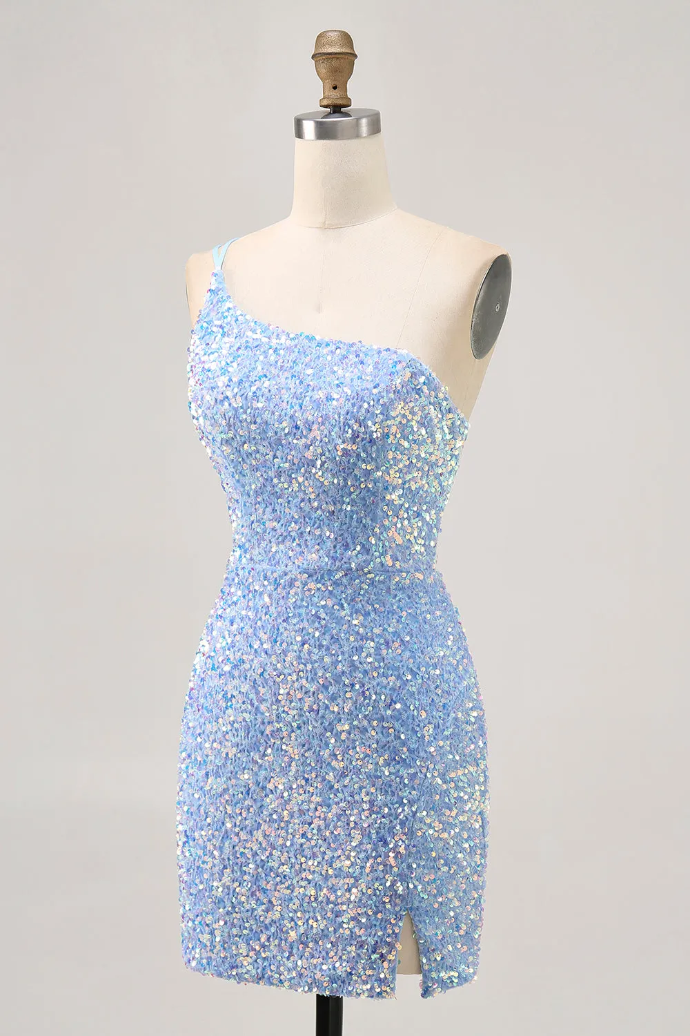 Sparkly Blue Bodycon One Shoulder Short Homecoming Dress with Slit sold by Wedtrend product image thumbnail 3