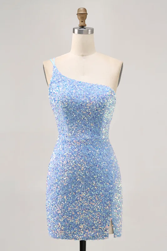 Sparkly Blue Bodycon One Shoulder Short Homecoming Dress with Slit sold by Wedtrend
