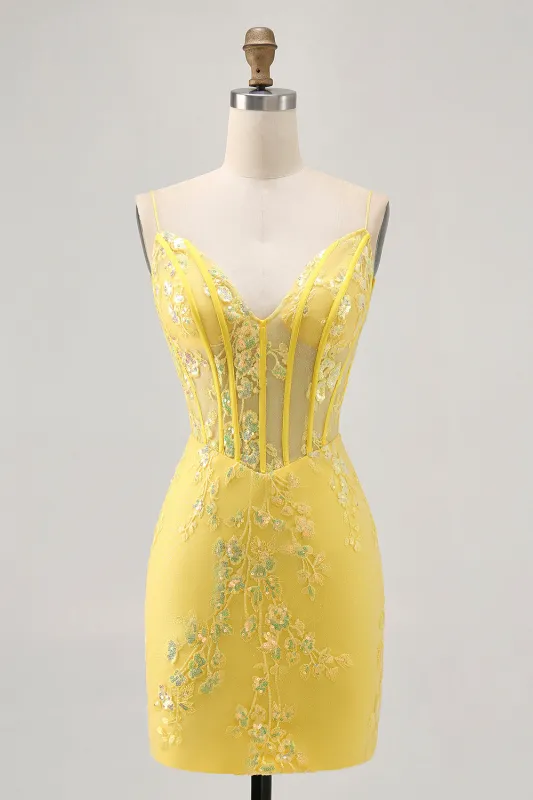 Yellow Spaghetti Straps Corset Tight Short Homecoming Dress with Sequins made by Wedtrend