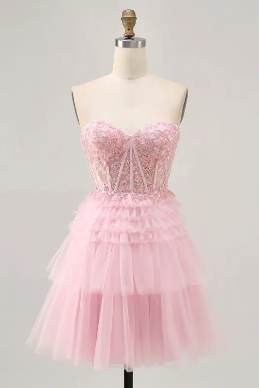 Pink A Line Strapless Sequins Tulle Corset Short Homecoming Dress with Appliques sold by Wedtrend