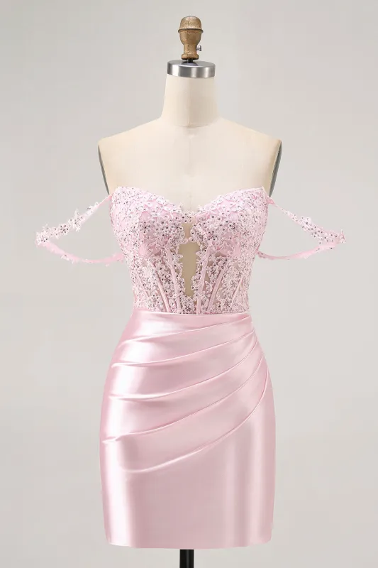Pink Bodycon Off The Shoulder Corset Short Homecoming Dress with Beading sold by Wedtrend