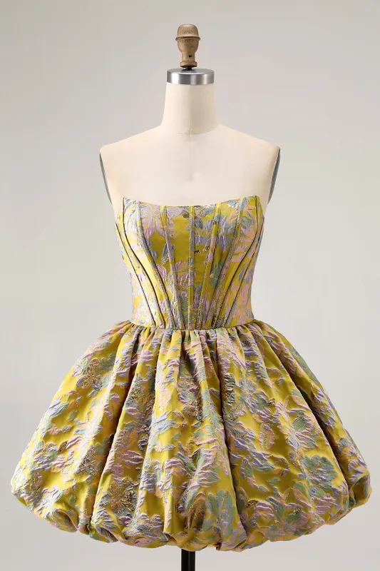 Yellow A Line Strapless Brocade Floral Mini Homecoming Dress made by Wedtrend