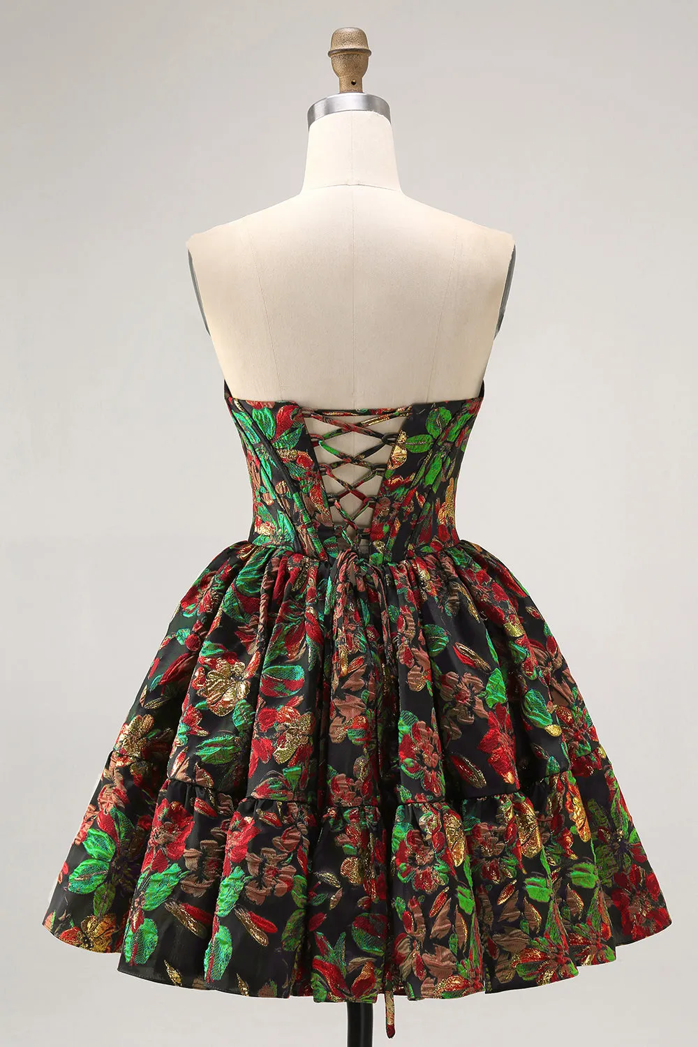 Dark Green A-Line Off The Shoulder Brocade Mini Floral Homecoming Dress sold by Wedtrend product image thumbnail 2