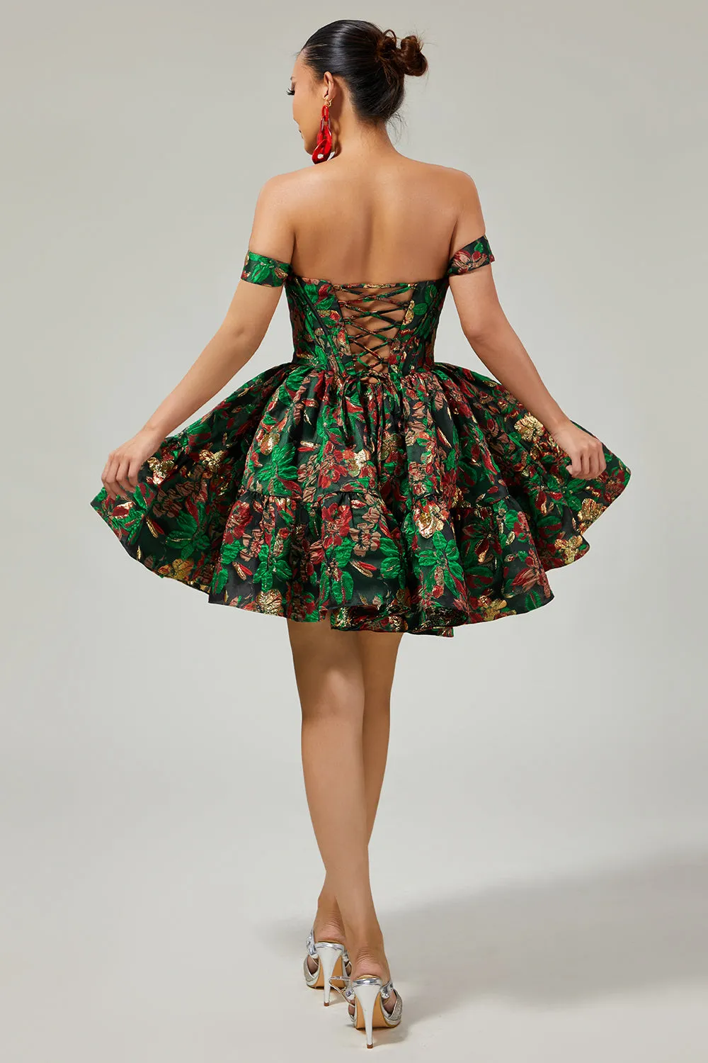 Dark Green A-Line Off The Shoulder Brocade Mini Floral Homecoming Dress sold by Wedtrend product image thumbnail 4