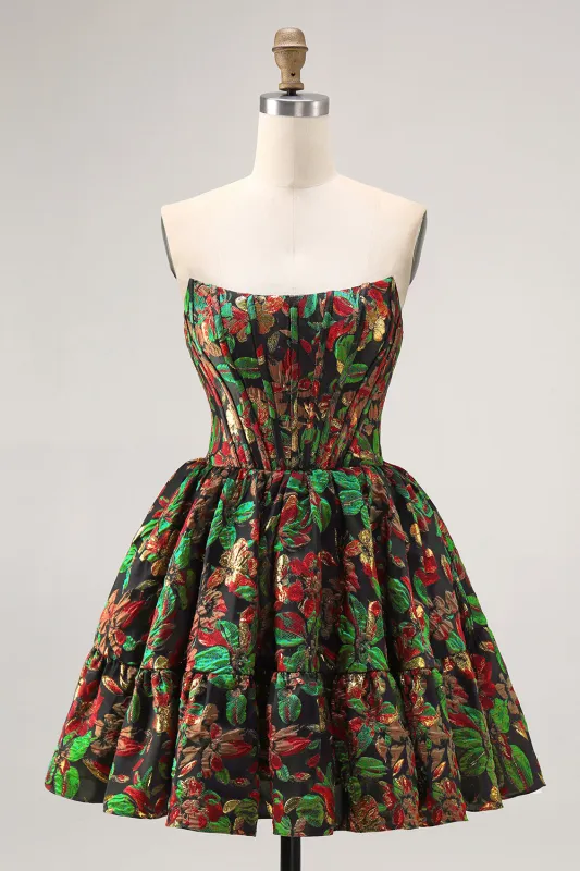 Dark Green A-Line Off The Shoulder Brocade Mini Floral Homecoming Dress sold by Wedtrend