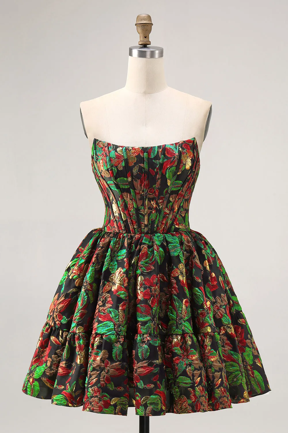 Dark Green A-Line Off The Shoulder Brocade Mini Floral Homecoming Dress sold by Wedtrend