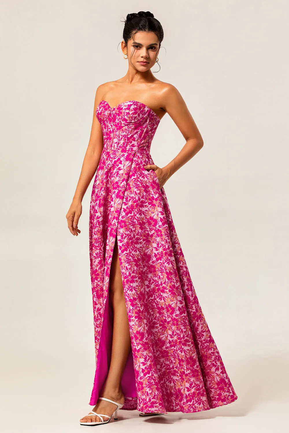 A-Line Strapless Corset Long Fuchsia Floral Satin Jacquard Dress with Pockets sold by Wedtrend product image thumbnail 3
