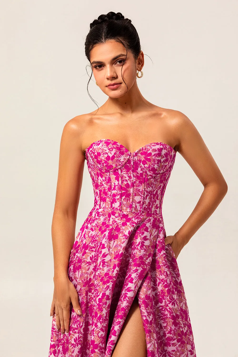 A-Line Strapless Corset Long Fuchsia Floral Satin Jacquard Dress with Pockets sold by Wedtrend product image thumbnail 4