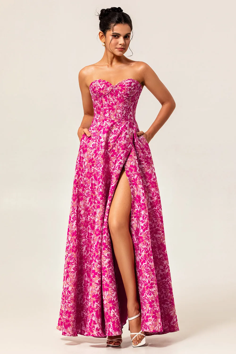 A-Line Strapless Corset Long Fuchsia Floral Satin Jacquard Dress with Pockets sold by Wedtrend
