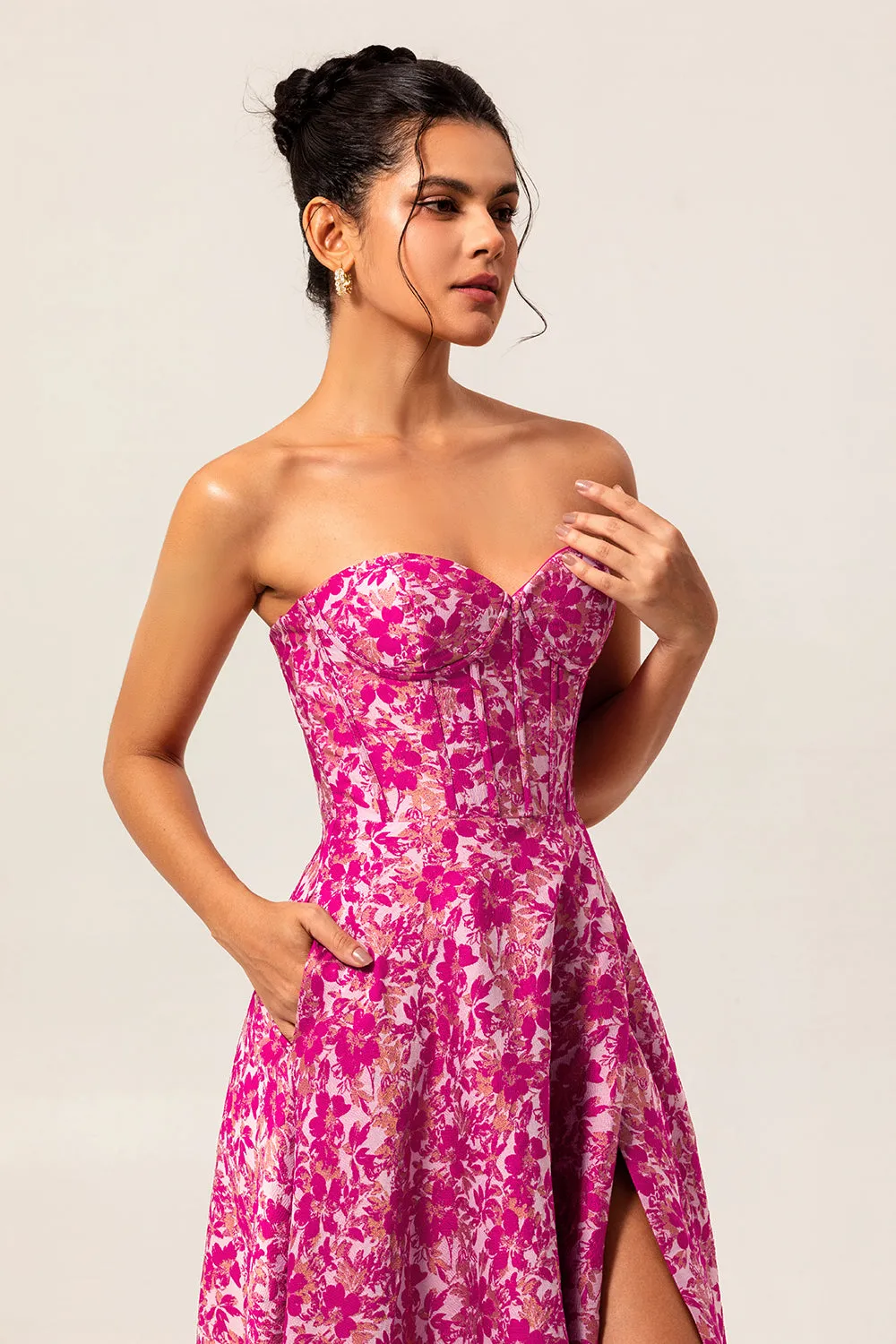 A-Line Strapless Corset Long Fuchsia Floral Satin Jacquard Dress with Pockets sold by Wedtrend product image thumbnail 5