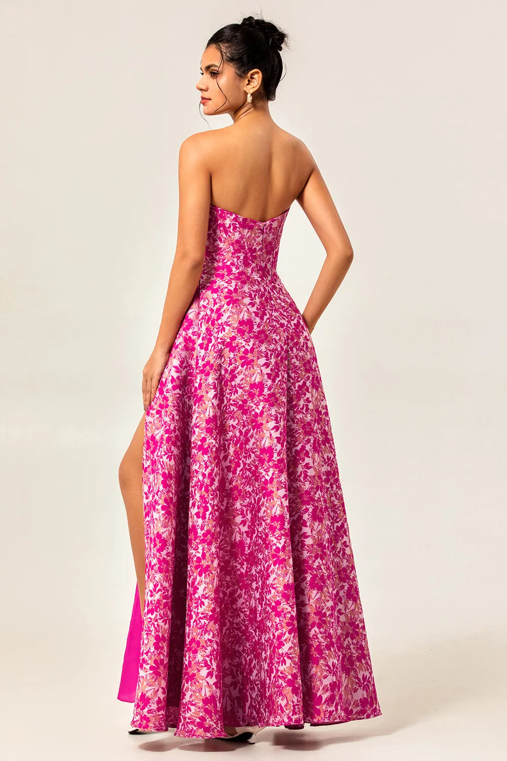 A-Line Strapless Corset Long Fuchsia Floral Satin Jacquard Dress with Pockets sold by Wedtrend product image thumbnail 2