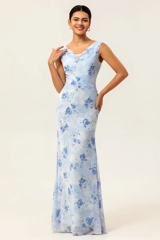 Blue Sheath Open Back Print Floral Chiffon Long Bridesmaid Dress made by Wedtrend