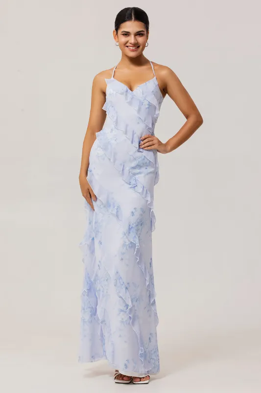 Blue Sheath Backless Print Floral Long Bridesmaid Dress with Lace Up Back made by Wedtrend