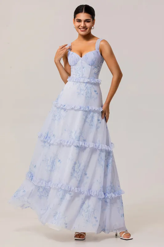 Blue A-Line Chiffon Ruffle Print Floral Long Bridesmaid Dress with Lace Up Back made by Wedtrend