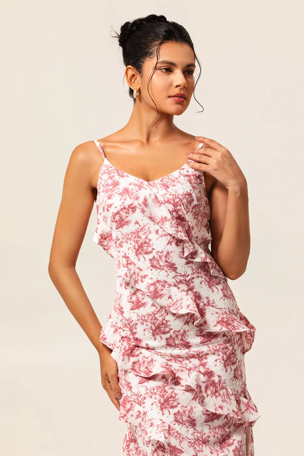 Blush Sheath Ruffle Chiffon Print Floral Long Bridesmaid Dress with Slit sold by Wedtrend product image thumbnail 4