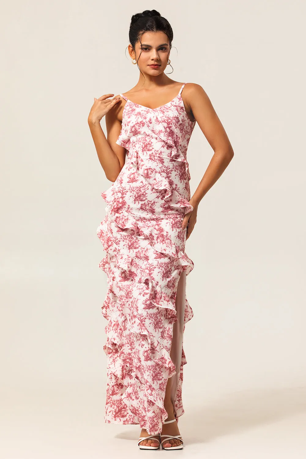 Blush Sheath Ruffle Chiffon Print Floral Long Bridesmaid Dress with Slit sold by Wedtrend