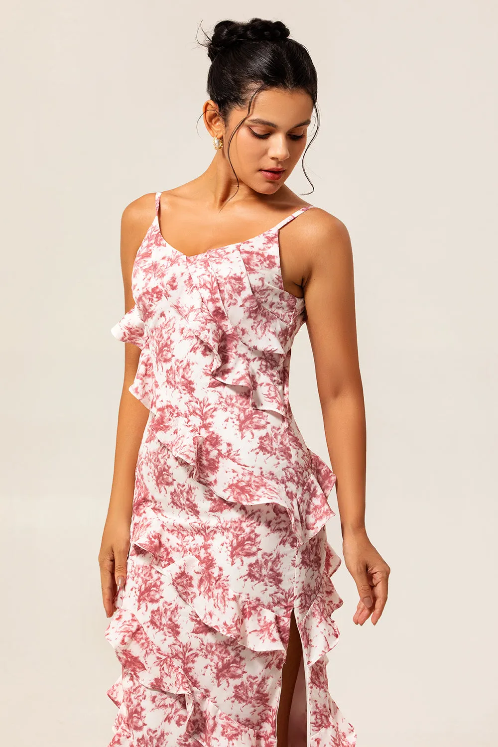 Blush Sheath Ruffle Chiffon Print Floral Long Bridesmaid Dress with Slit sold by Wedtrend product image thumbnail 5