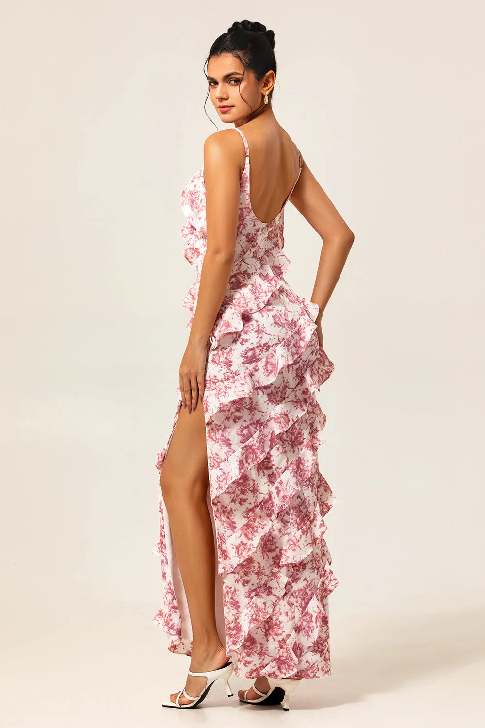 Blush Sheath Ruffle Chiffon Print Floral Long Bridesmaid Dress with Slit sold by Wedtrend product image thumbnail 2
