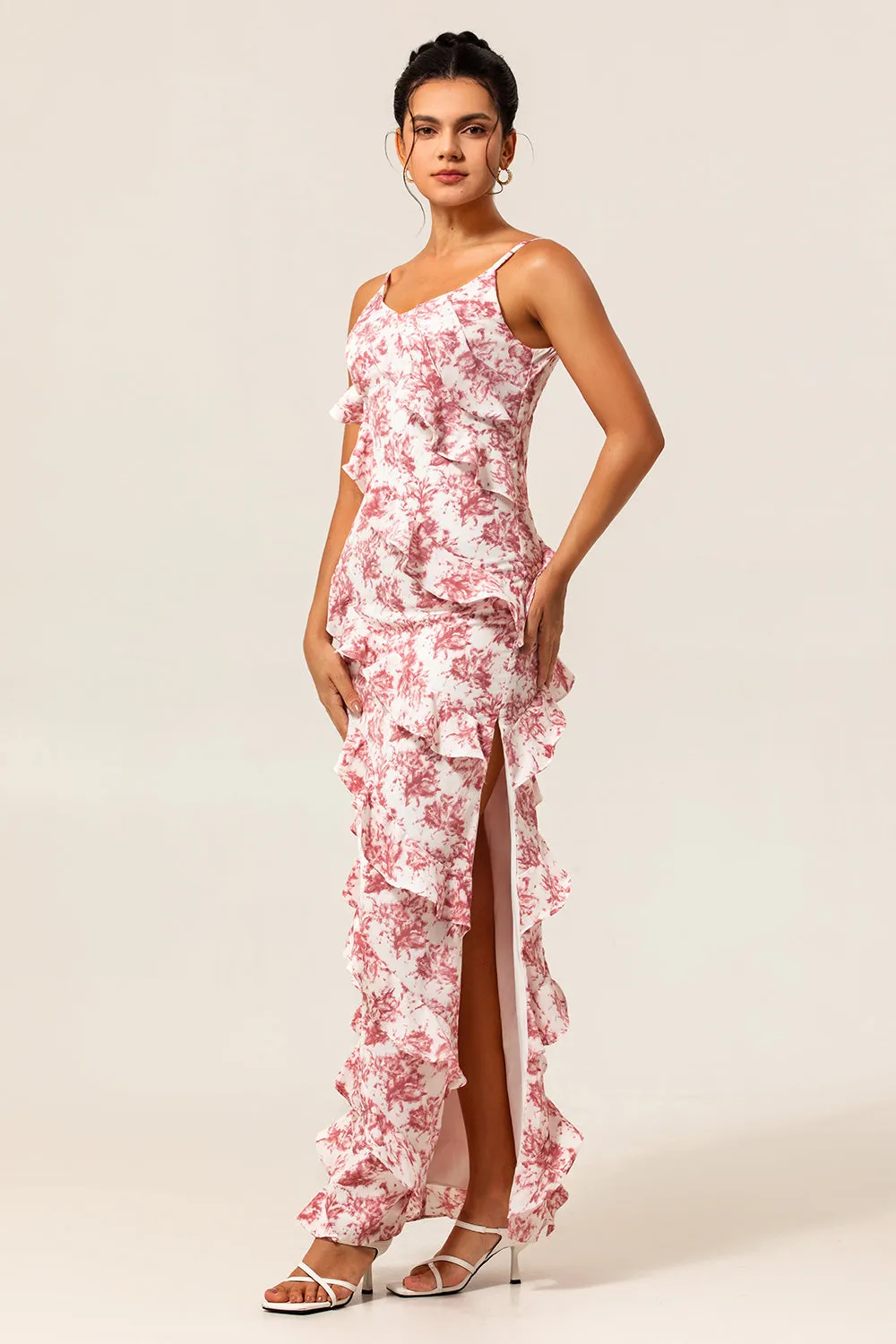 Blush Sheath Ruffle Chiffon Print Floral Long Bridesmaid Dress with Slit sold by Wedtrend product image thumbnail 3