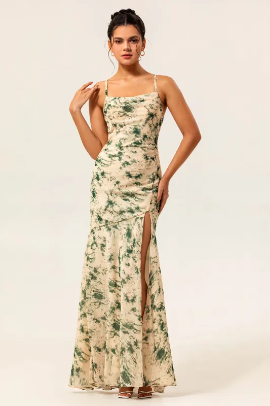 Champagne Sheath Backless Print Floral Long Bridesmaid Dress with Slit made by Wedtrend