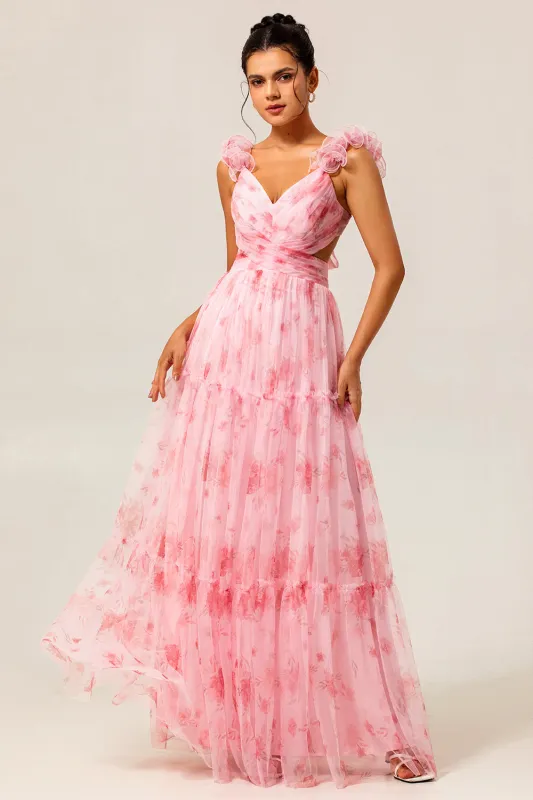 Blush Flower A-Line Cut Out Ruched Backless Print Long Bridesmaid Dress made by Wedtrend