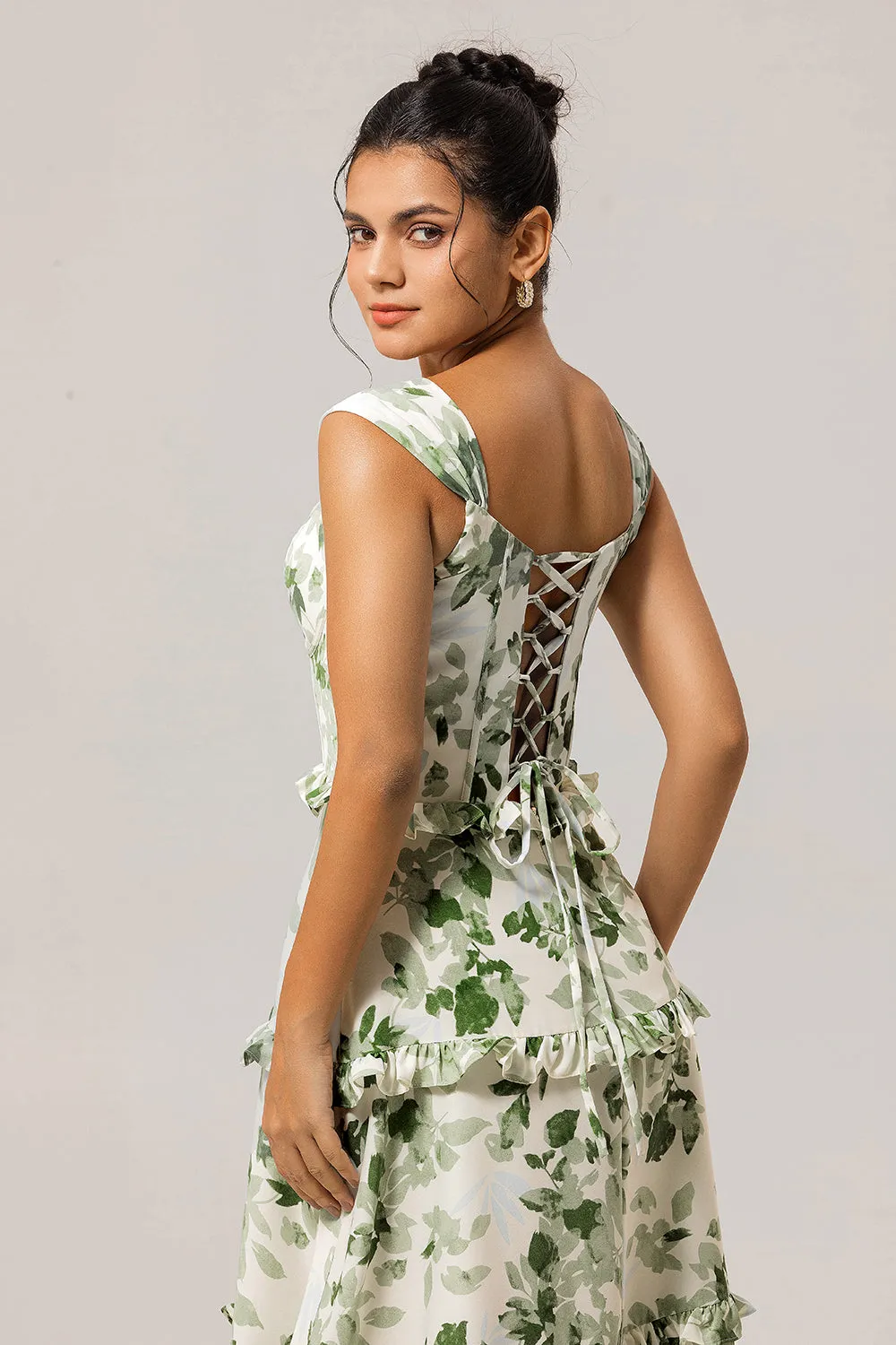 Green Flower A-Line Corset Ruffle Long Bridesmaid Dress with Lace Up Back sold by Wedtrend product image thumbnail 5