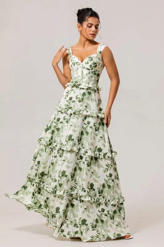 Green Flower A-Line Corset Ruffle Long Bridesmaid Dress with Lace Up Back sold by Wedtrend