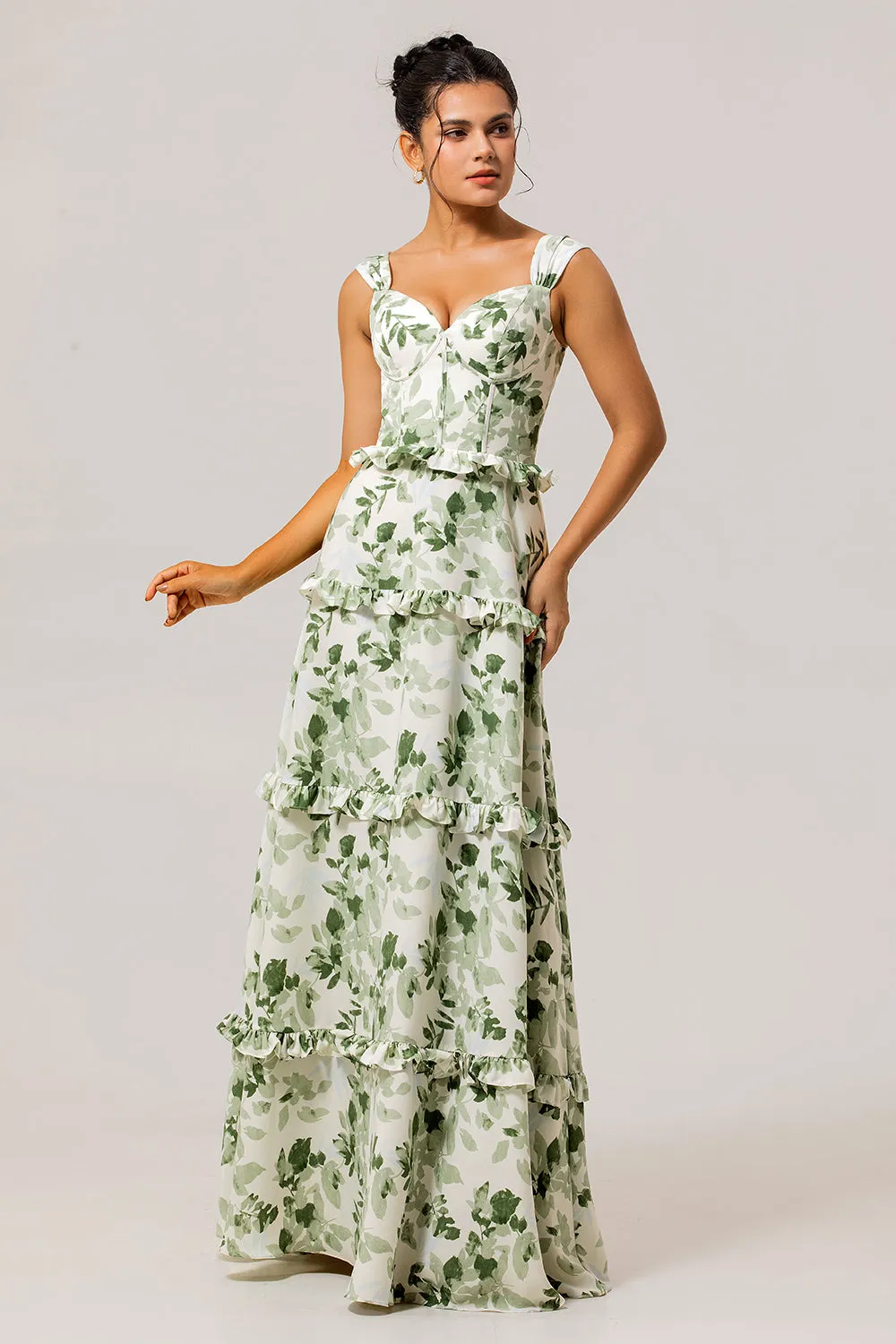 Green Flower A-Line Corset Ruffle Long Bridesmaid Dress with Lace Up Back sold by Wedtrend product image thumbnail 3
