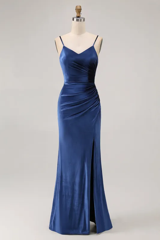 Dark Blue Sheath Spaghetti Straps V Neck Velvet Long Bridesmaid Dress with Slit made by Wedtrend