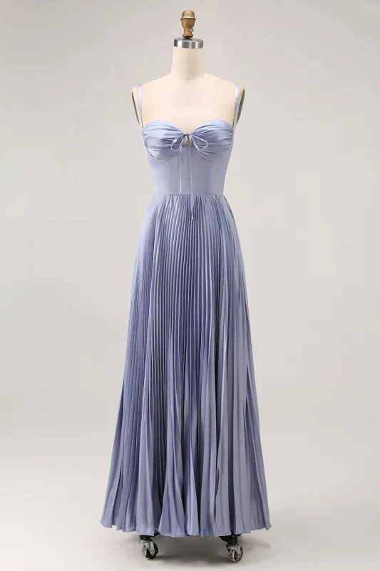 Dusty Blue A-Line Spaghetti Straps Satin Pleated Long Bridesmaid Dress sold by Wedtrend