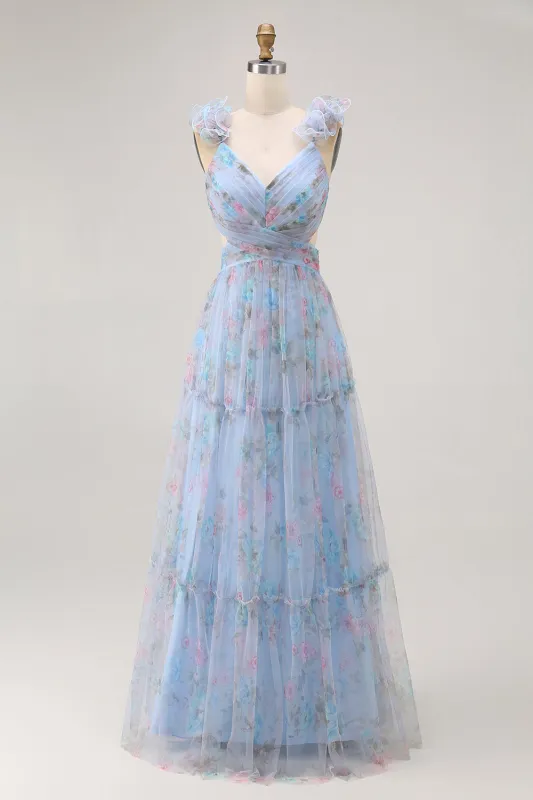 Blue A-Line V Neck Cut Out Pleated Backless Tulle Floral Dress with Ruffles made by Wedtrend