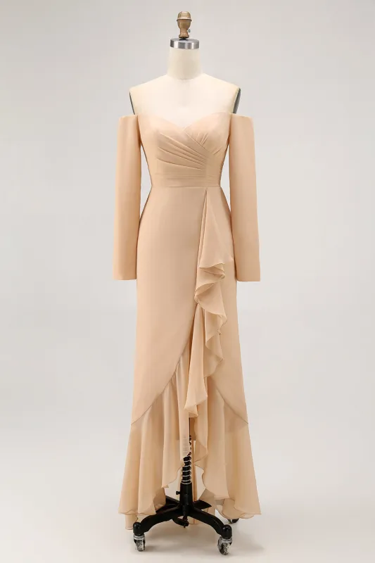 Champagne Sheath Off the Shoulder Long Bridesmaid Dress with Ruffles made by Wedtrend
