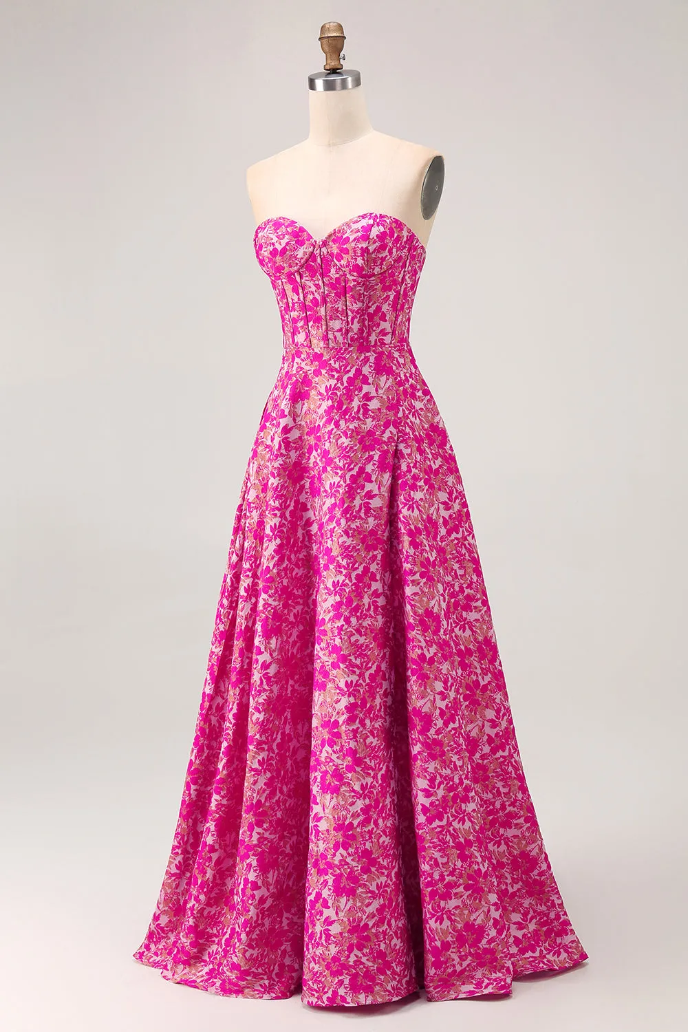 Fuchsia Floral A-Line Strapless Corset Floor Length Corset Satin Jacquard Dress with Slit sold by Wedtrend product image thumbnail 3