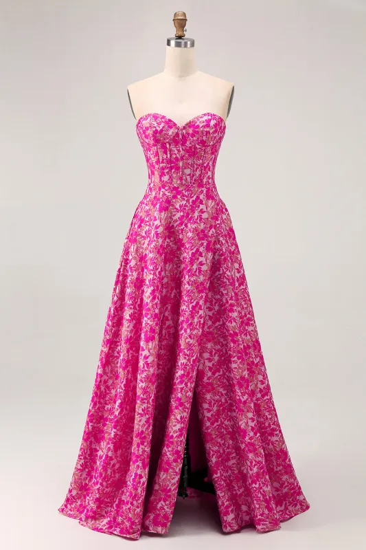 Fuchsia Floral A-Line Strapless Corset Floor Length Corset Satin Jacquard Dress with Slit sold by Wedtrend