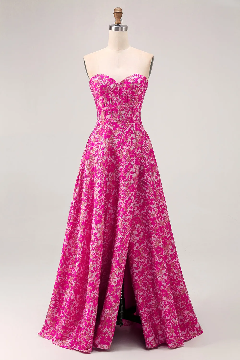 Fuchsia Floral A-Line Strapless Corset Floor Length Corset Satin Jacquard Dress with Slit sold by Wedtrend